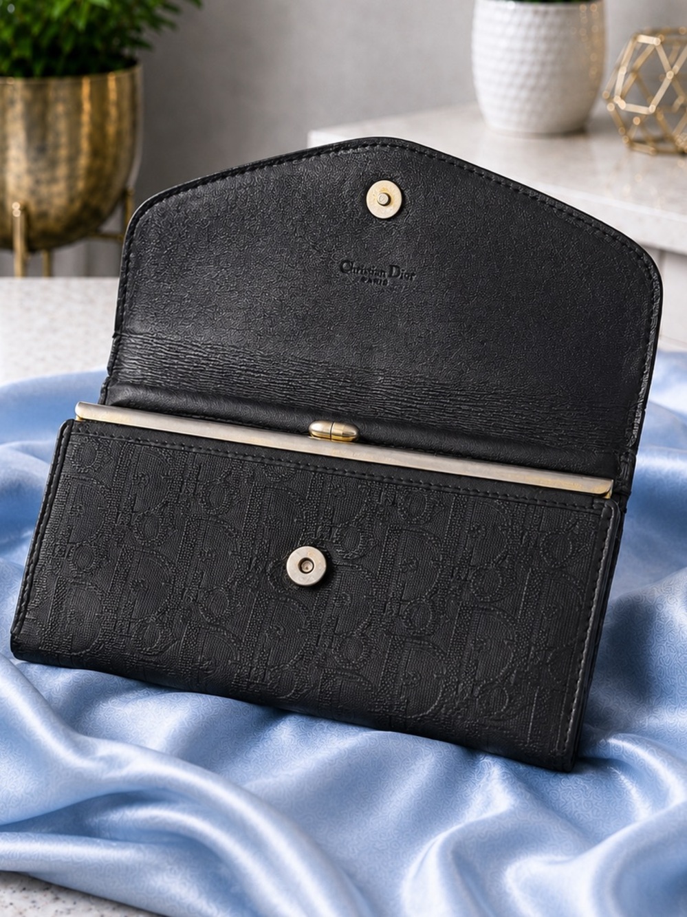 Christian Dior Black Oblique Trotter Bifold Kisslock Wallet
